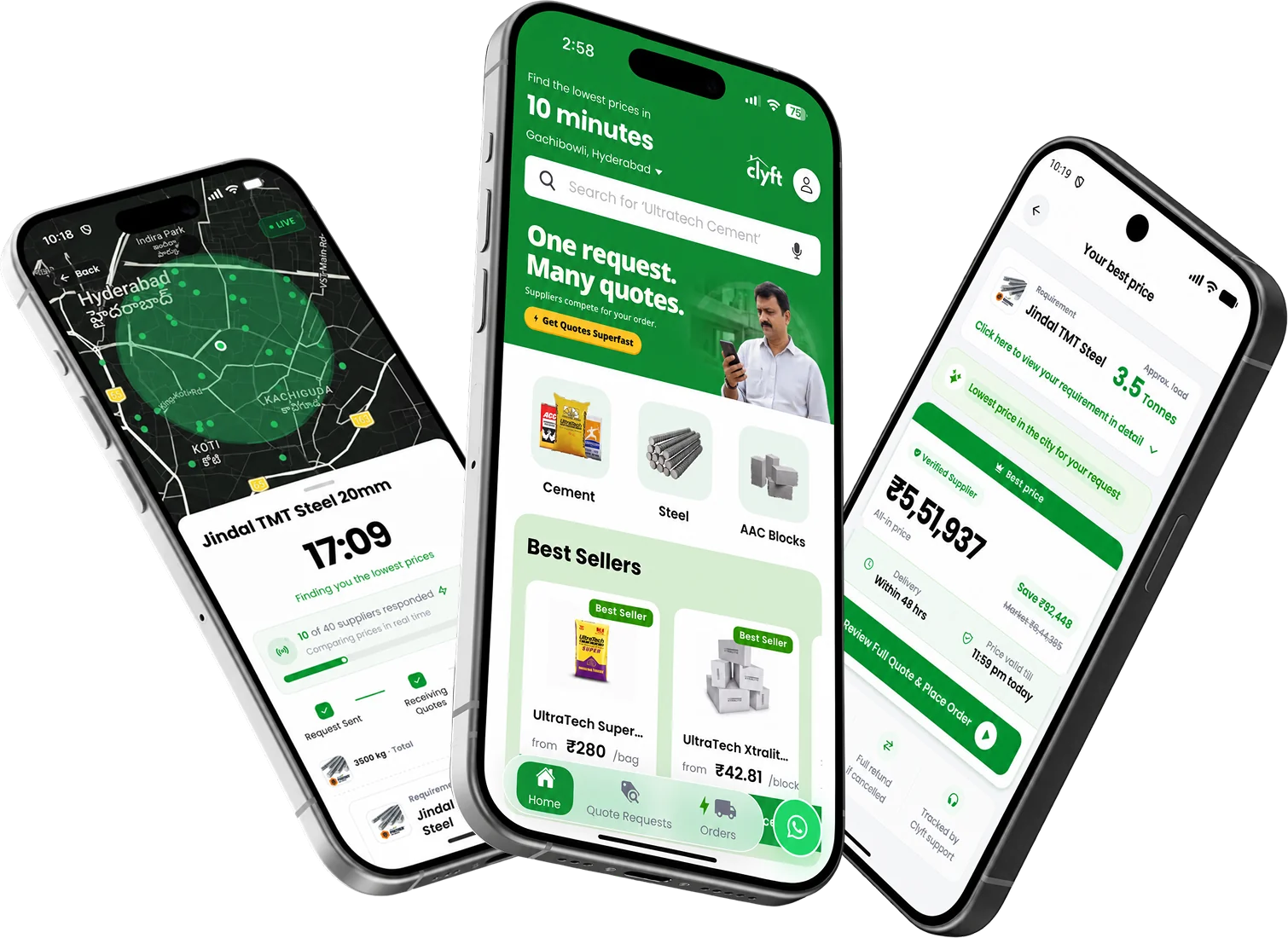 Three Clyft app screens: suppliers responding live on a map, the home screen, and the best price for a steel order