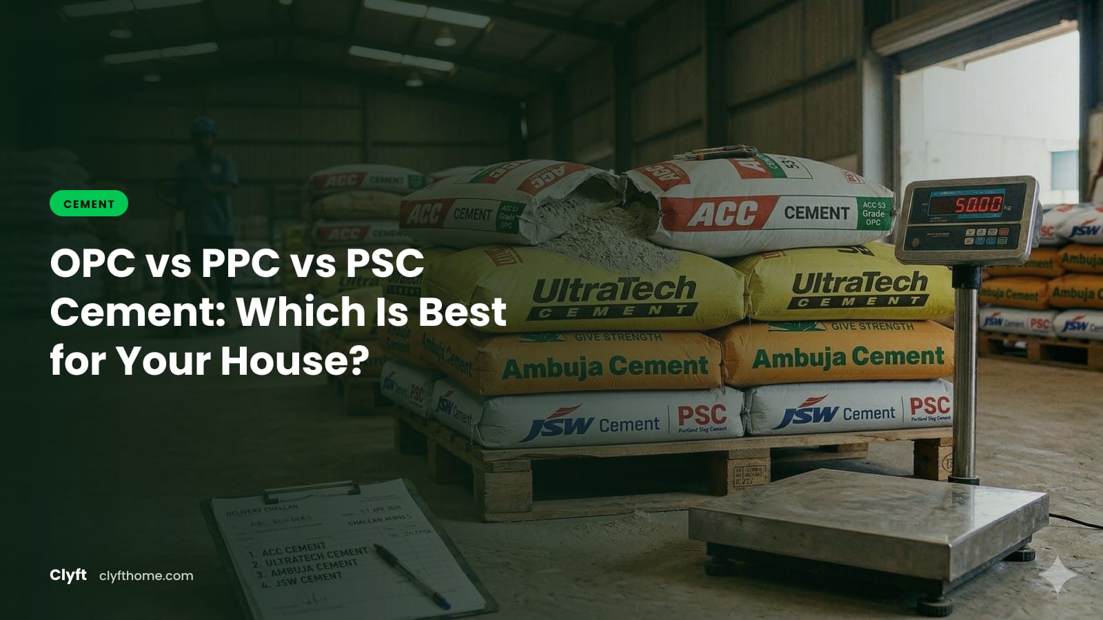 Stacked cement bags at a construction site, used to compare OPC, PPC and PSC cement